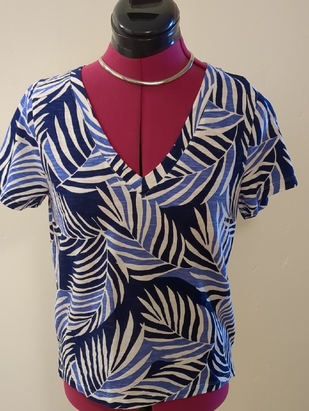 Sigrid Olsen Tropical Leaf Print Cotton Short Sleeved V Neck T-shirt Size S